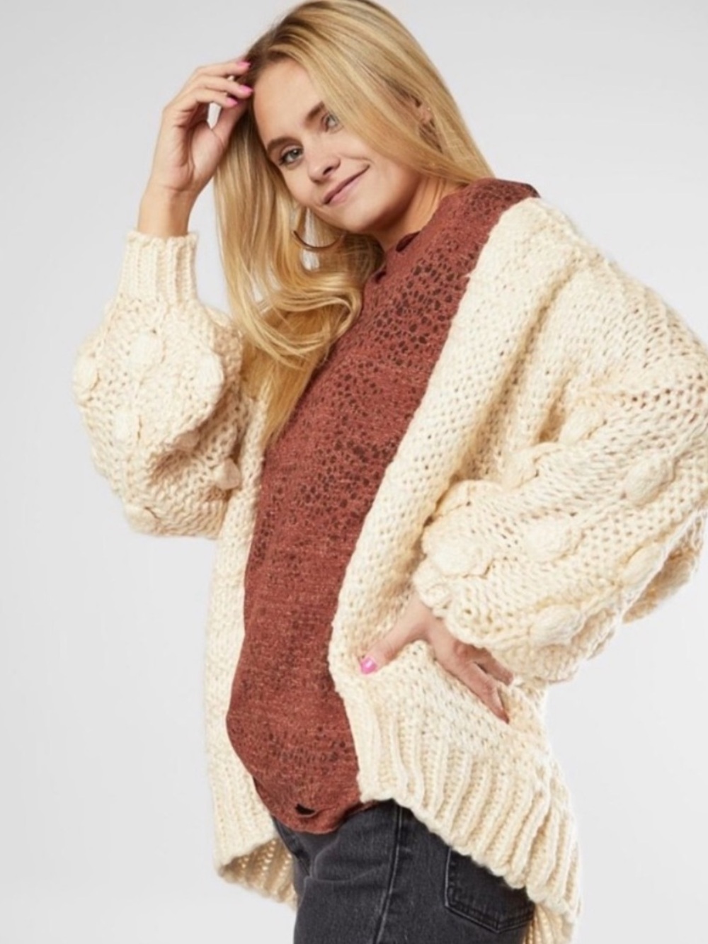 FAVLUX Oversized Cream Bobble Cardigan Sweater